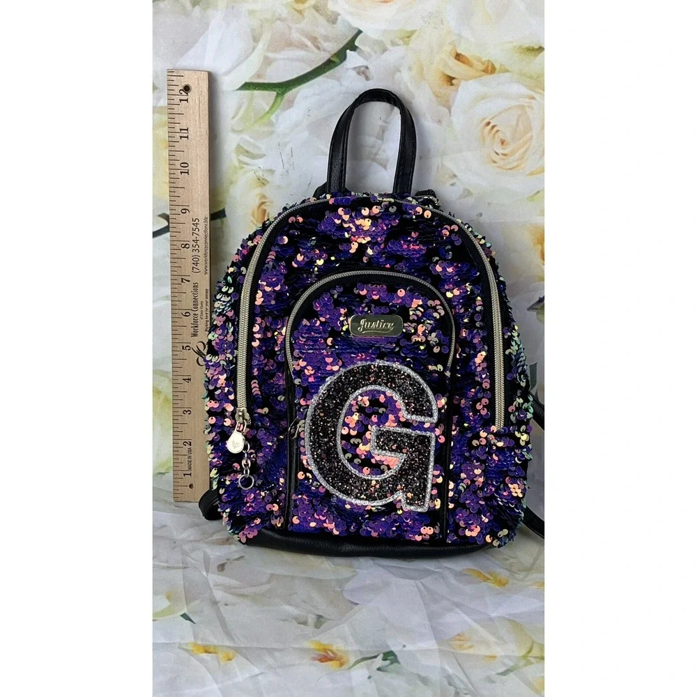 JUSTICE Backpack Purse Monogram Letter G Flip Sequins Multi-color Purple Gold